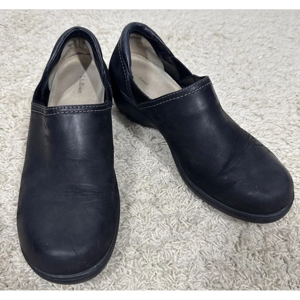 LL Bean Black Leather Slip-On Wedge Comfort Clog Shoes Women's 10 Support Nurse